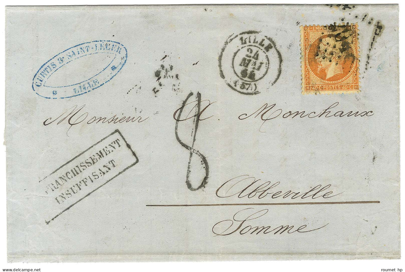 GC 2046 / N° 23 Càd T 15 LILLE (57) Sur Lettre 3 Ports Insuffisamment Affranchie Pour Abbeville. Au Recto, Griffe Noire  - 1862 Napoleon III