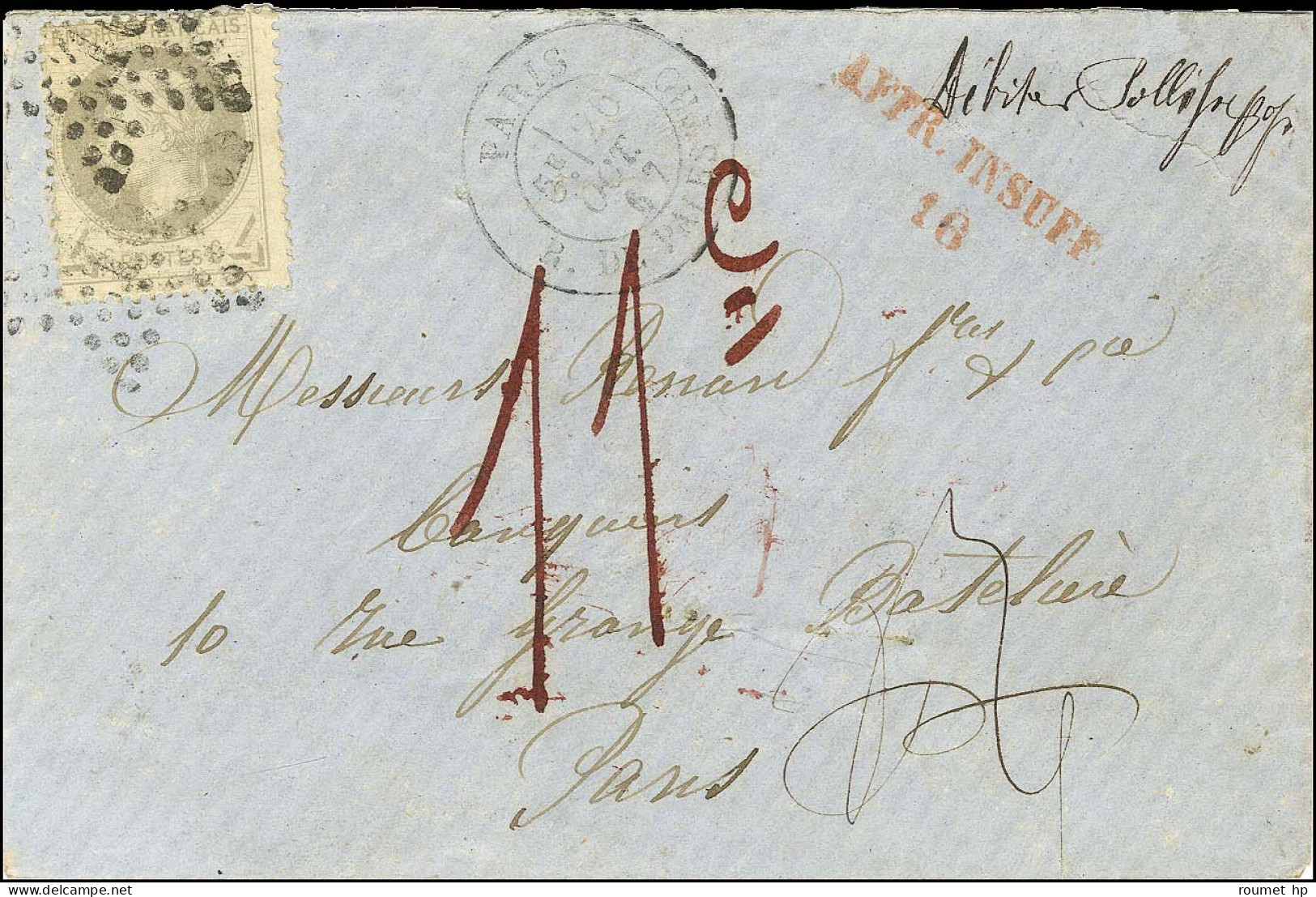 Etoile 16 / N° 27 Càd PARIS / R.  DE PALESTRO Sur Lettre Locale Insuffisamment Affranchie. Au Recto, Griffe Rouge AFFR I - 1863-1870 Napoléon III Lauré