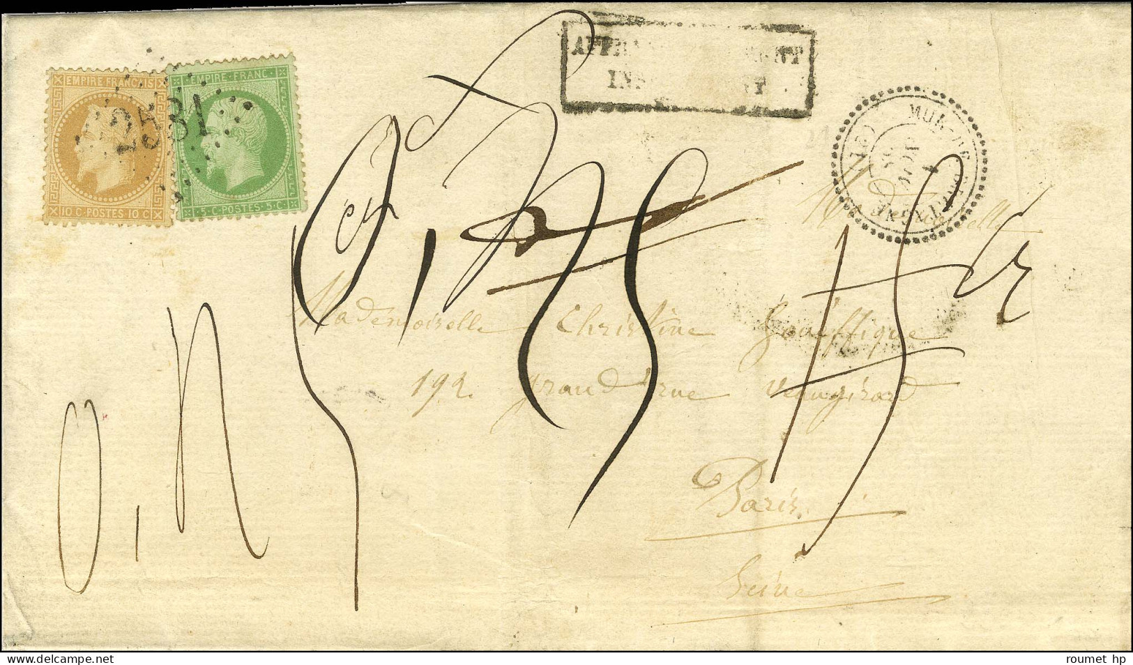 GC 2581 / N° 20 + 28 Càd T 22 MUR-DE-BRETAGNE (21) Sur Lettre 2 Ports Insuffisamment Affranchie Pour Paris. Au Recto, Gr - 1863-1870 Napoléon III Con Laureles