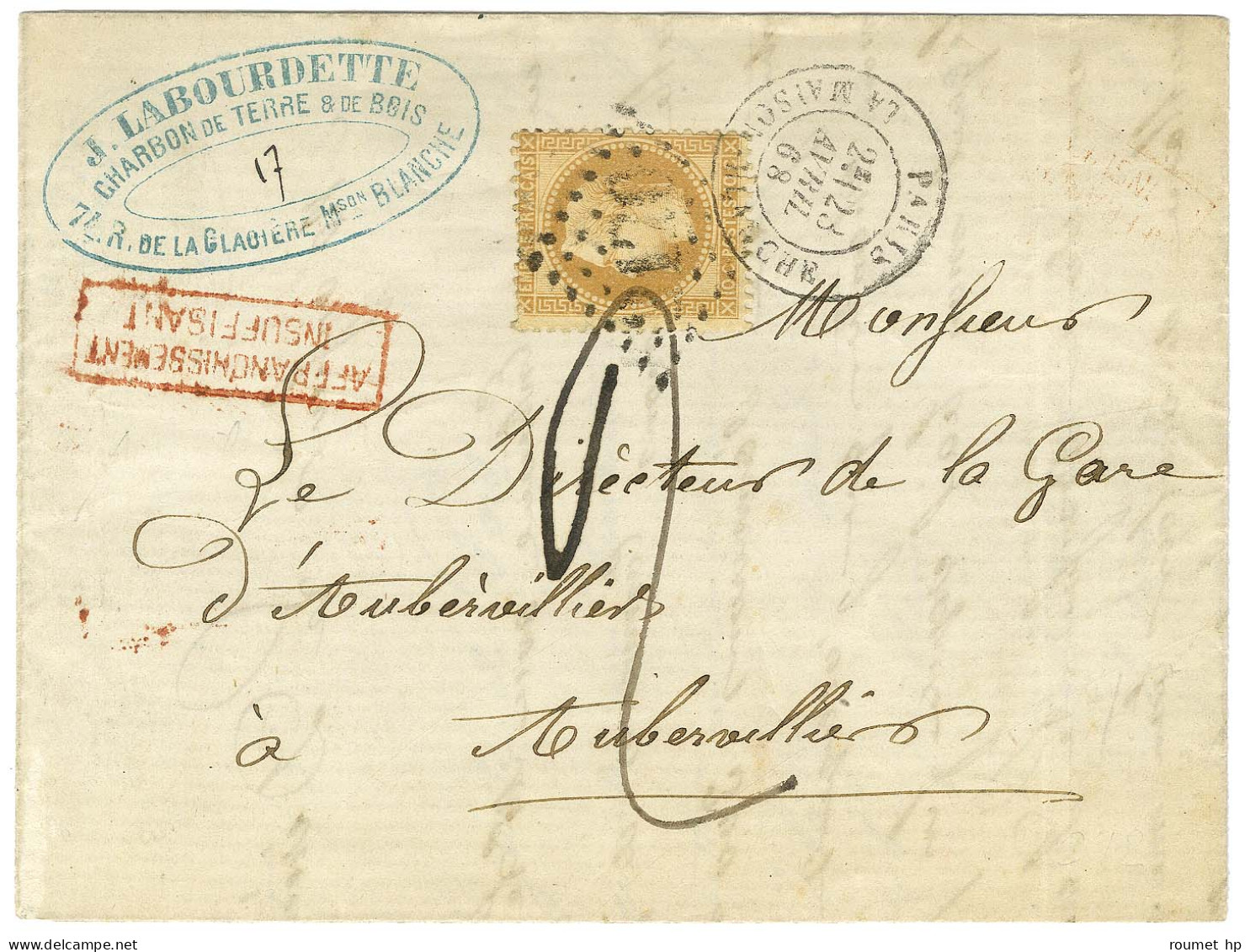 GC 2170 / N° 28 Càd PARIS / LA MAISON BLANCHE Sur Lettre 2 Ports Insuffisamment Affranchie Pour Aubervilliers. Au Recto, - 1863-1870 Napoleon III Gelauwerd