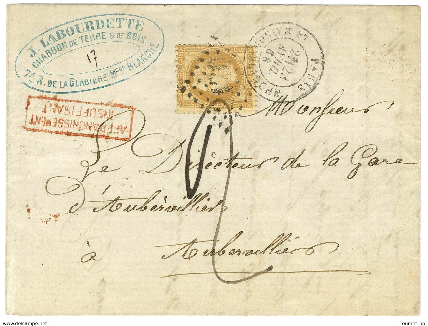 GC 2170 / N° 28 Càd PARIS / LA MAISON BLANCHE Sur Lettre 2 Ports Insuffisamment Affranchie Pour Aubervilliers. Au Recto, - 1863-1870 Napoléon III Lauré