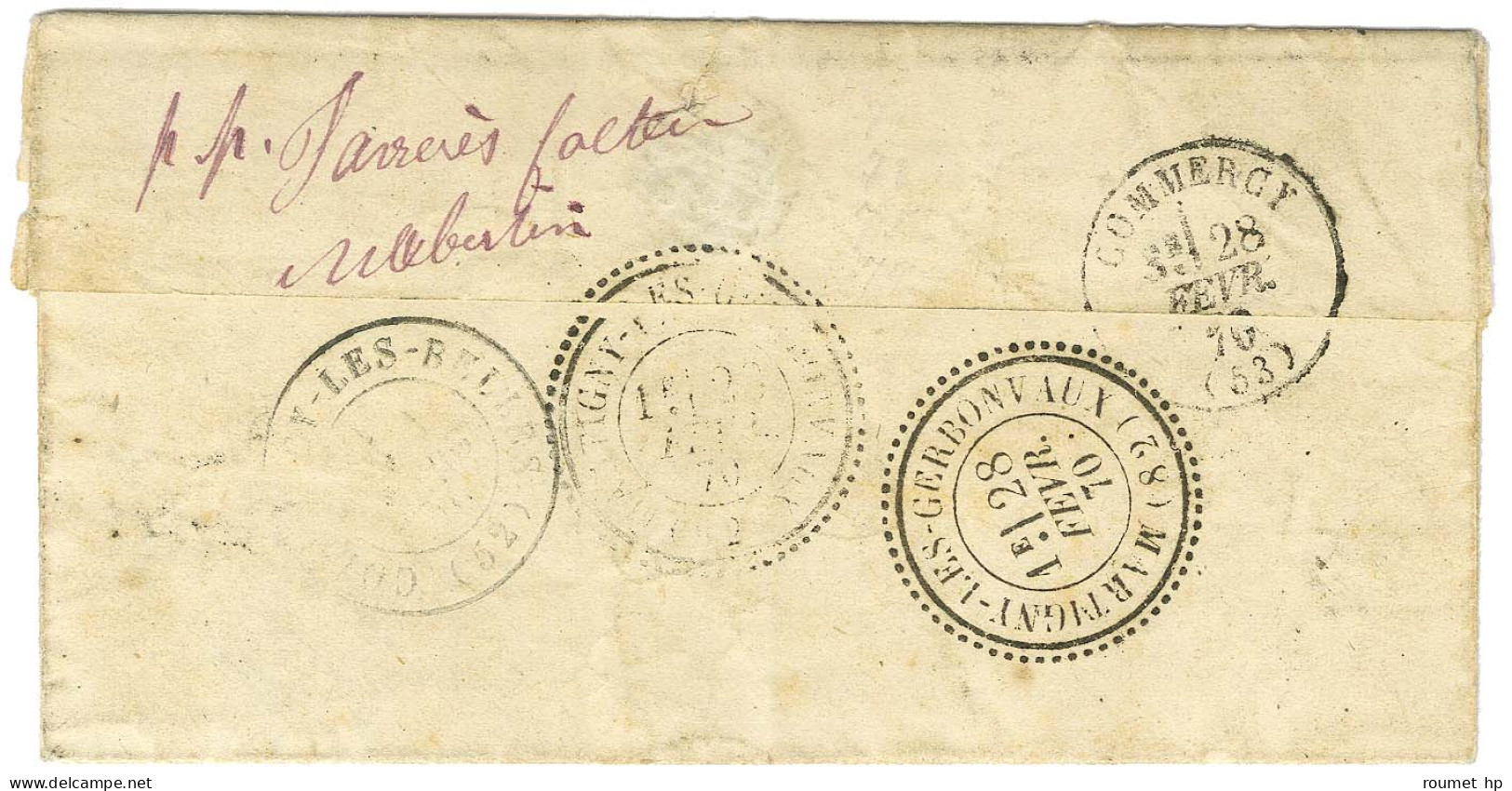 GC 2627 / N° 28 Càd T 17 NEUFCHATEAU (82) Sur Lettre Pour Harmonville Par Martigny Les Gerbonvaux Réexpédiée à Colombey  - 1863-1870 Napoléon III Con Laureles