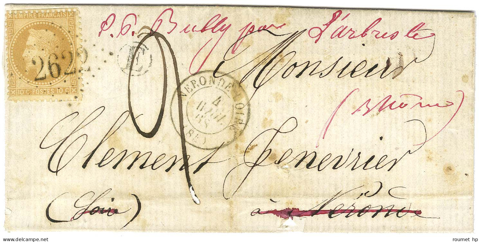 GC 2622 / N° 28 Càd T 15 NERONDE LOIRE (84) Sur Lettre Locale Réexpédiée à Bully à L'aide D'une Taxe 2. 1868. - TB. - 1863-1870 Napoléon III Lauré