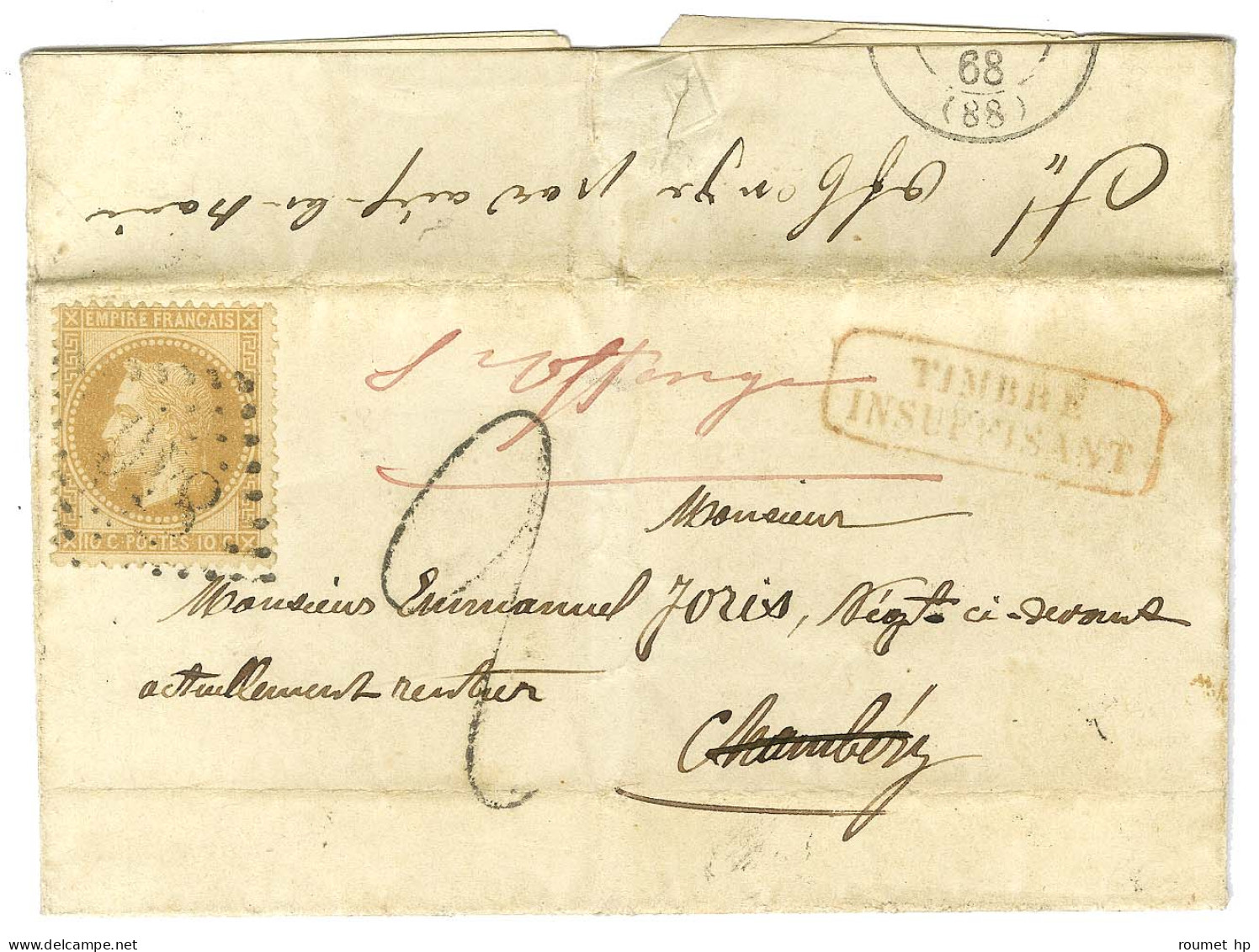 GC 846 / N° 28 Sur Lettre Locale Réexpédiée à Saint-Offenge. Au Recto, Griffe Rouge Encadrée TIMBRE / INSUFFISANT Et Tax - 1863-1870 Napoléon III. Laure