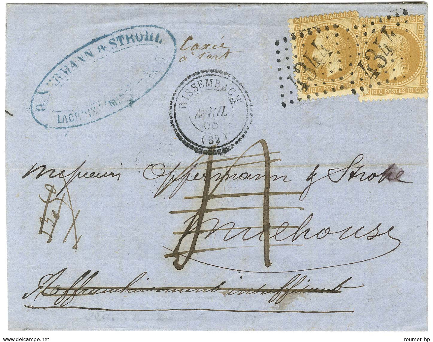 GC 4344 / N° 28 (2) Càd T 22 WISSEMBACH (82) Sur Lettre Taxée 4 Pour Insuffisance D'affranchissement Présumé, Détaxée Av - 1863-1870 Napoléon III Con Laureles