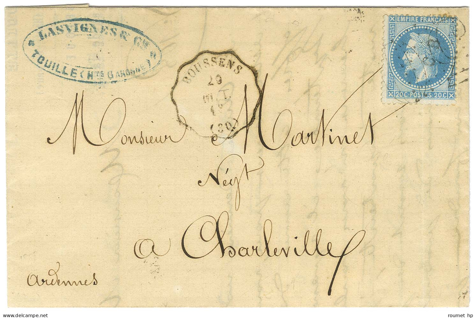 Losange Ambulant + Taxe 30 DT / N° 29 Conv. Stat BOUSSENS (30) Sur Lettre Pour Charleville. 1868. - TB / SUP. - 1863-1870 Napoleon III Gelauwerd