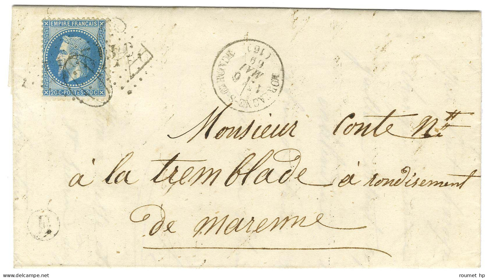 GC 2544 + Taxe 30 / N° 29 Càd T 16 MORTAGNE-S-GIRONDE (16) Sur Lettre Pour Marennes. Au Recto, B. RUR. F Identifié. 1869 - 1863-1870 Napoleon III With Laurels