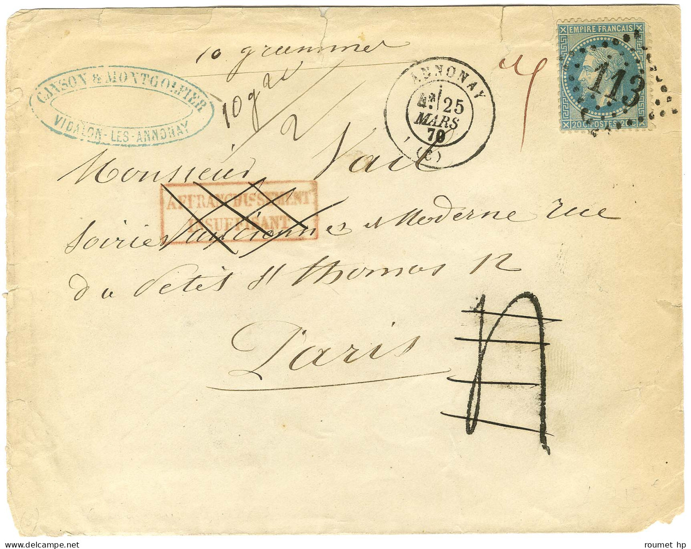 GC 113 / N° 29 Càd T 17 ANNONAY (6) Sur Lettre Présumée 2 Ports Insuffisamment Affranchie Pour Paris. Au Recto, Mention  - 1863-1870 Napoléon III. Laure