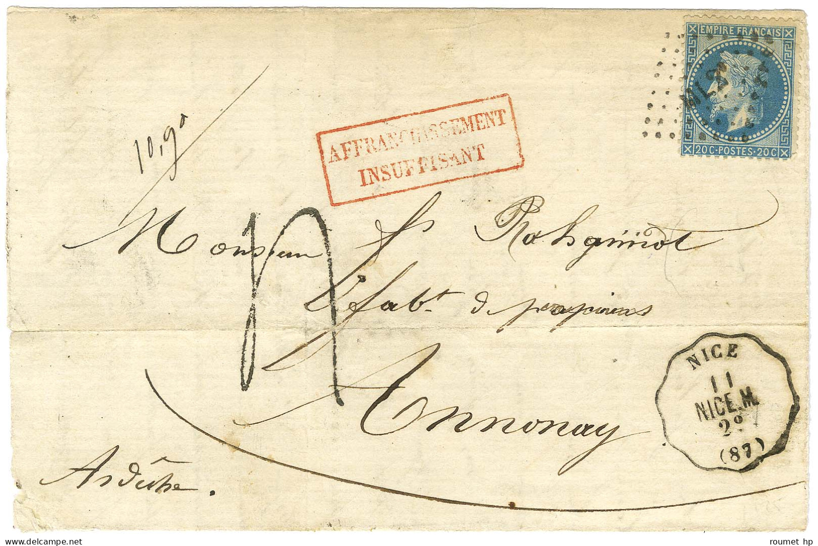 Losange ML2e / N° 29 Conv. Stat. NICE / NICE.M (87) Sur Lettre 2 Ports Insuffisamment Affranchie Pour Annonay. Au Recto, - 1863-1870 Napoléon III Con Laureles