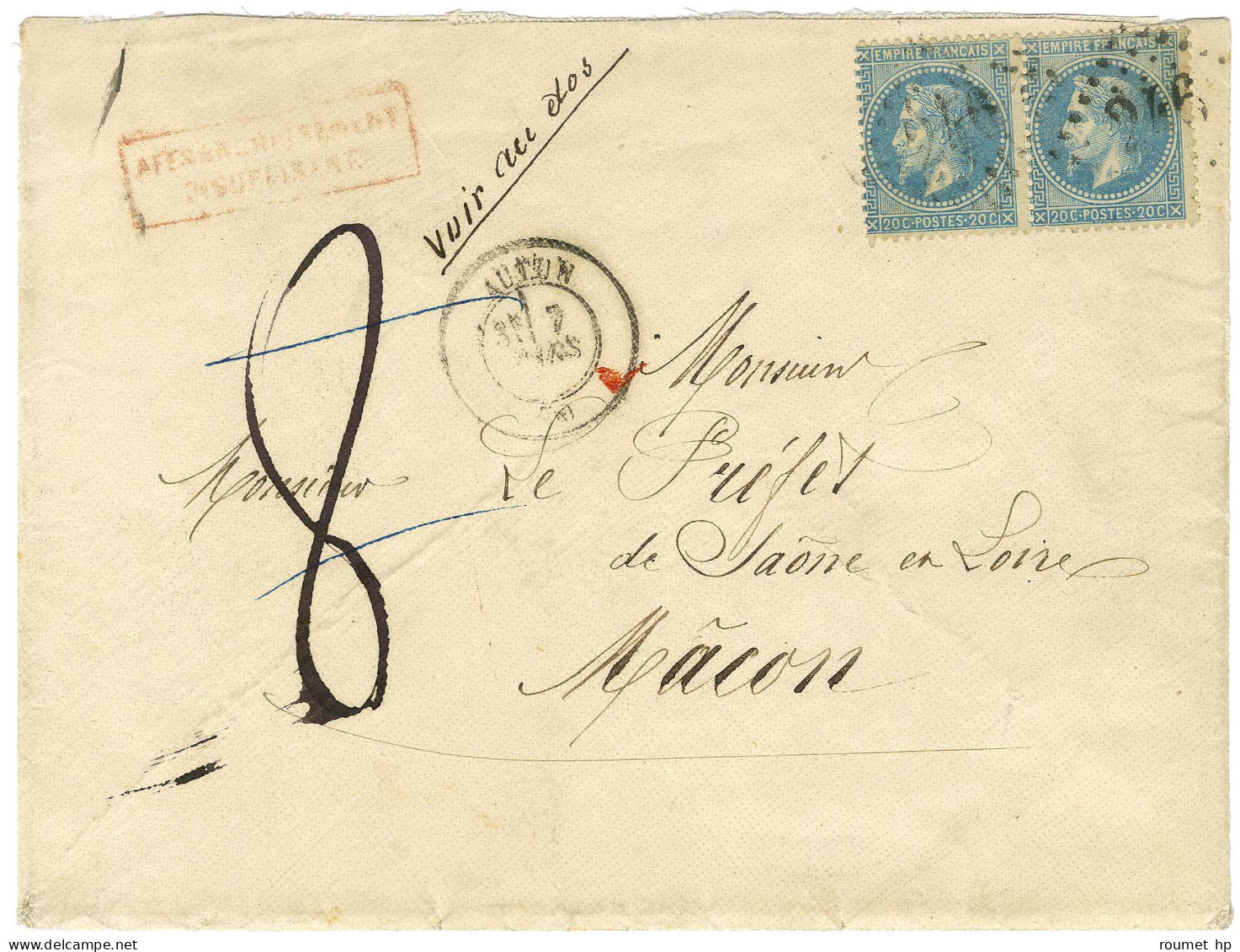 GC 246 / N° 29 Paire Càd T 17 AUTUN (70) Sur Lettre 3 Ports Insuffisamment Affranchie Adressée Au Préfet De Saône Et Loi - 1863-1870 Napoléon III Lauré