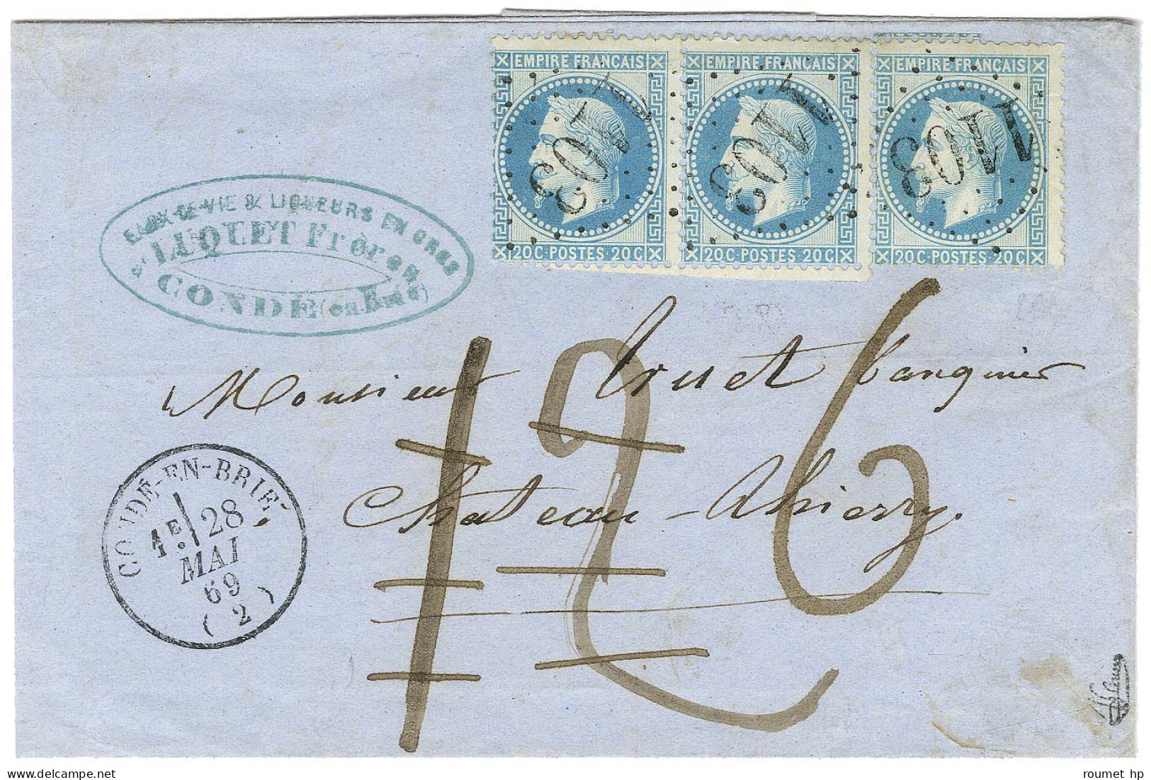 GC 1103 / N° 29 Bande De 3 Càd T 16 CONDE-EN-BRIE (2) Sur Lettre 3 Ports Insuffisamment Affranchie Pour Château Thierry. - 1863-1870 Napoleon III With Laurels