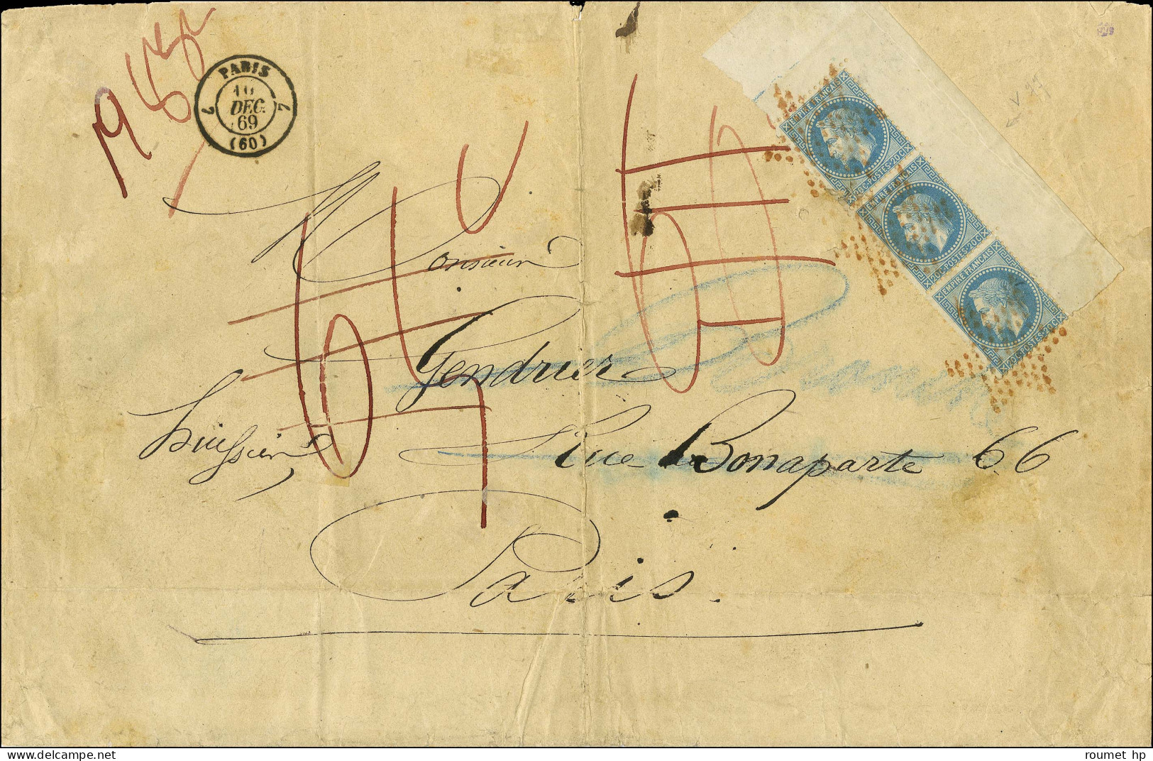 Etoile Rouge / N° 29 Bande De 3 Coin De Feuille Intégral Càd 7 PARIS 7 (60) Sur Lettre De 128 Grammes Pour Paris, Avec T - 1863-1870 Napoléon III. Laure