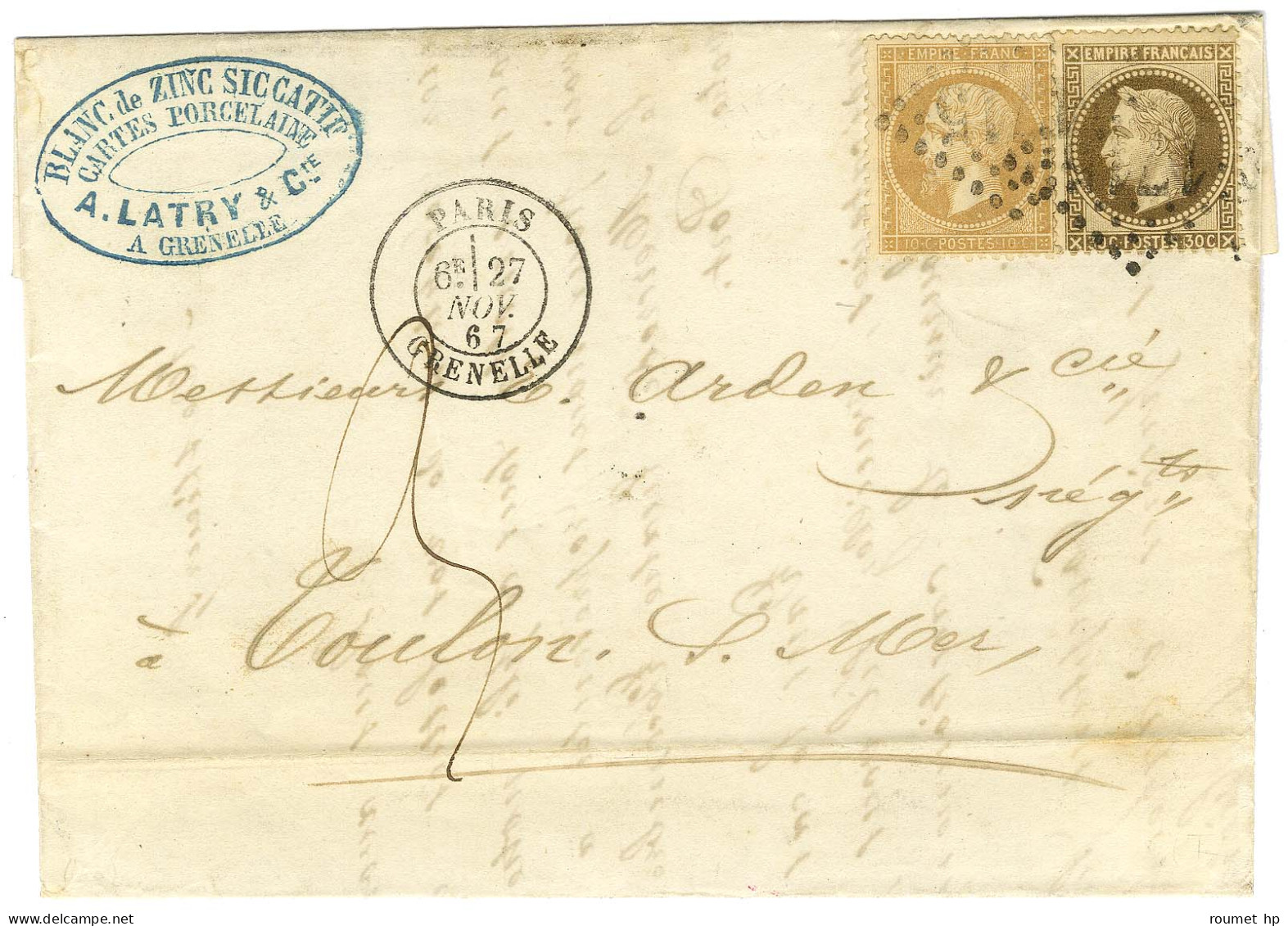 GC 1715 / N° 21 + 30 Càd PARIS / GRENELLE Sur Lettre 2 Ports Pour Toulon Taxée 3 Décime Par Erreur. 1867. - TB / SUP. - 1863-1870 Napoléon III. Laure