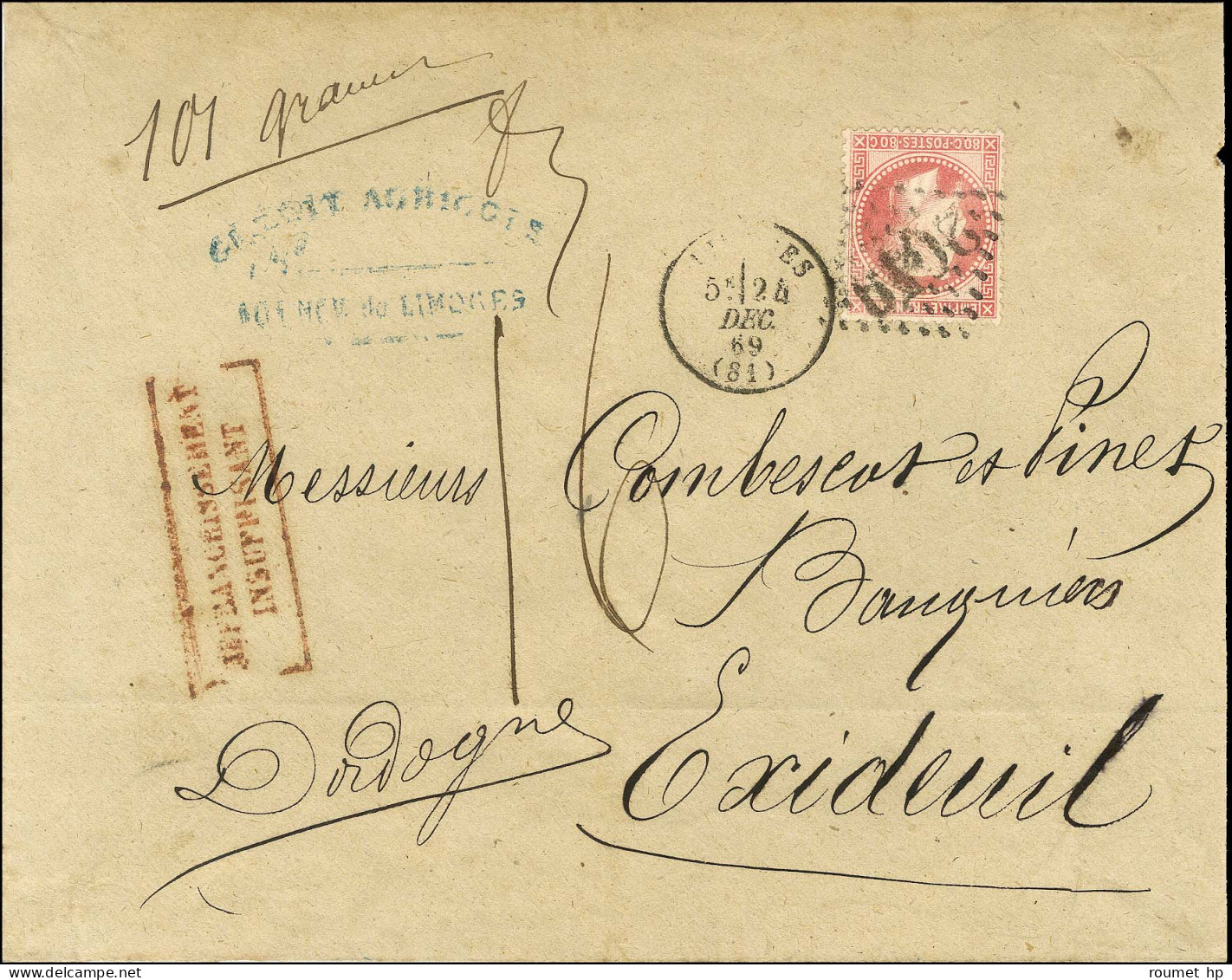 GC 2049 / N° 32 Càd T 16 LIMOGES (81) Sur Lettre 4 Ports (101 Grammes) Insuffisamment Affranchie Pour Excideuil. Au Rect - 1863-1870 Napoleon III Gelauwerd