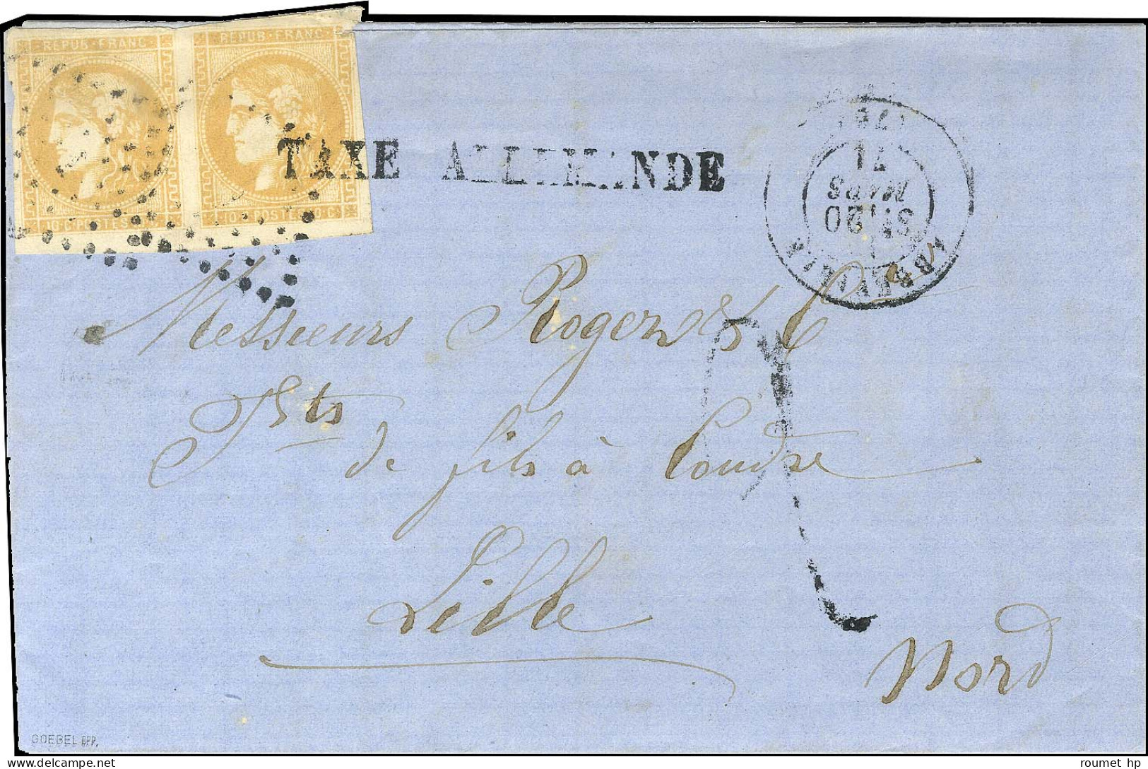 PC Du GC 1 / N° 43 Paire (infime Def) Càd T 17 ABBEVILLE (76) Sur Lettre Pour Lille, Au Recto Taxe Tampon 2 Et Griffe Li - 1870 Bordeaux Printing