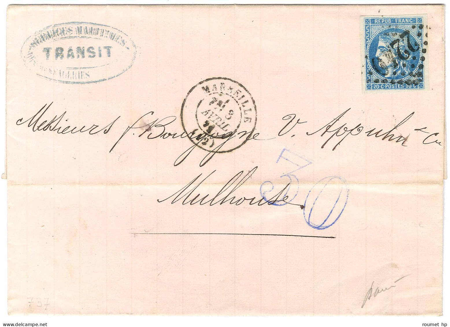 GC 2240 / N° 46 Belles Marges Càd T 17 MARSEILLE (12) Sur Lettre Pour Mulhouse, Taxe 30 DT Bleue. 1871. - TB / SUP. - 1870 Emisión De Bordeaux