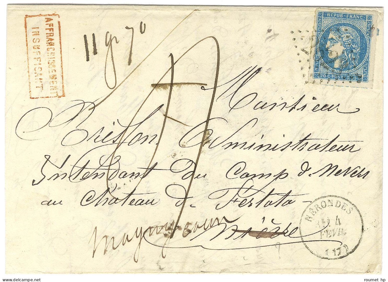 GC 2623 / N° 45 Càd T 16 NERONDES (17) Sur Lettre Insuffisamment Affranchie Pour Nevers Taxée 4. 1871. - TB. - 1870 Bordeaux Printing