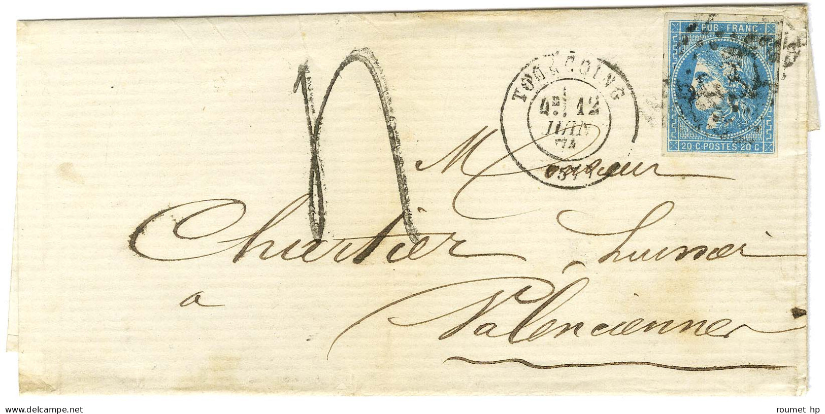 GC 3987 / N° 86 Càd T 17 TOURCOING (57) Sur Lettre Insuffisamment Affranchie Pour Valenciennes. Au Recto, Taxe Tampon 4. - 1870 Bordeaux Printing