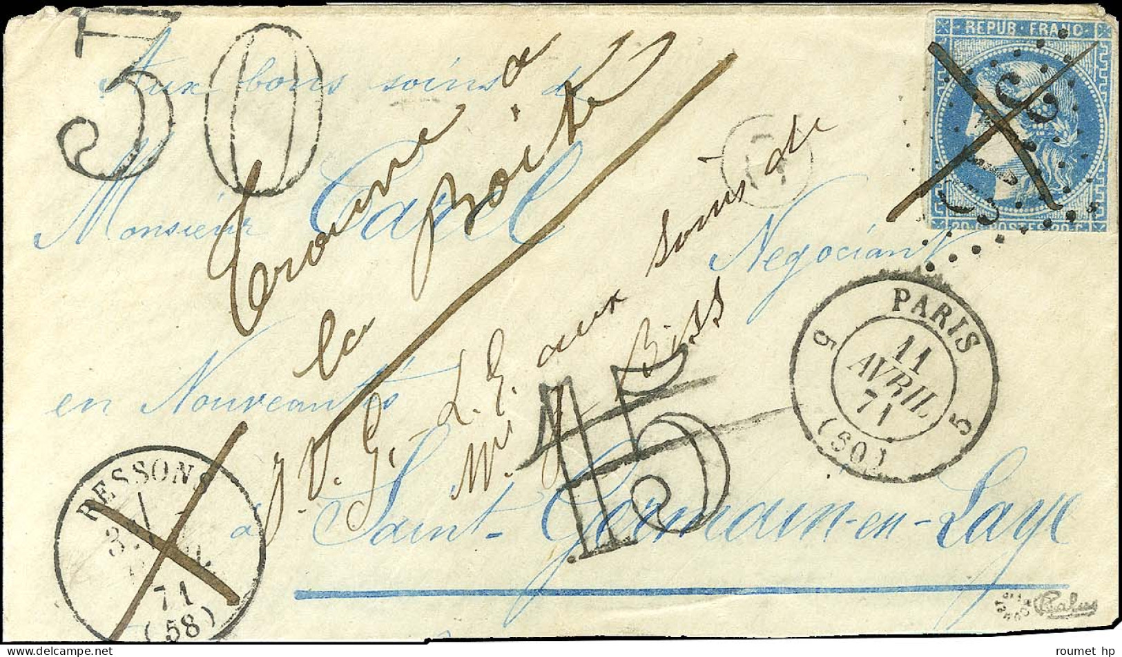 Enveloppe Au Départ De Besson (58) En Date Du 7 Avril 1871 Contenant Un Ou Plusieurs Courrier(s) Pour Un Destinataire Da - 1870 Uitgave Van Bordeaux