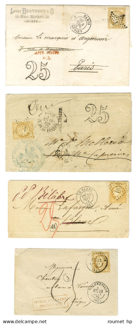 Lot De 4 Lettres Insuffisamment Affranchies Avec N° 55 Et 59 Taxées 25 Dont 2 Taxes Double Trait. - TB. - 1871-1875 Cérès