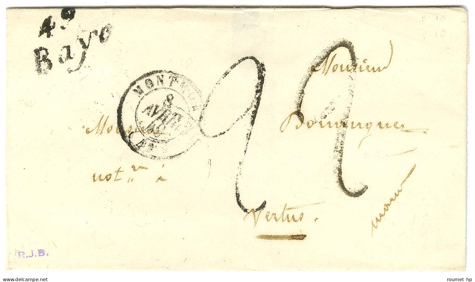 49 / Baye, Càd T 15 MONTMORT (49) Sur Lettre Pour Vertus, Taxe Tampon 2 (2 Frappes). 1849. - TB / SUP. - Sonstige & Ohne Zuordnung