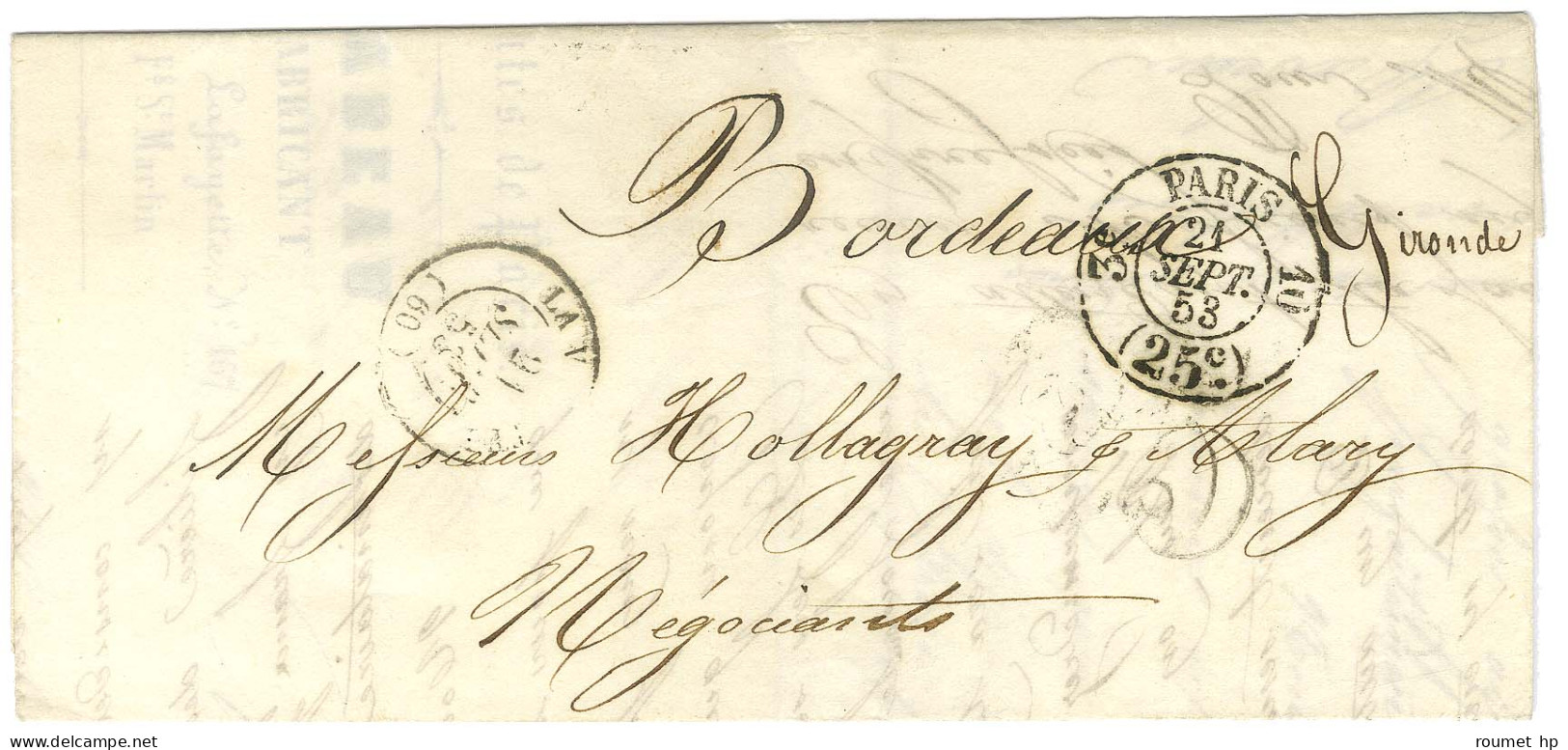 Càd T 15 LA VILLETTE (60) + Càd PARIS 25c Sur Lettre Pour Bordeaux. 1853. - TB. - Autres & Non Classés