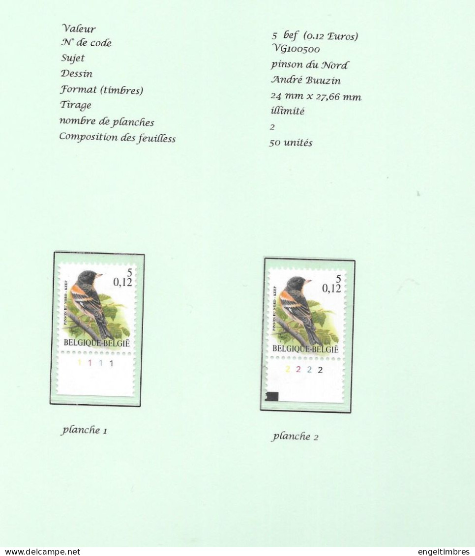 Belgium -  2000 BUZIN Birds -  Pinson Du Nord/keep    5 Bfrs  Plaatnummers 1 - 2 Postfris - Zie Scan - 2011-..