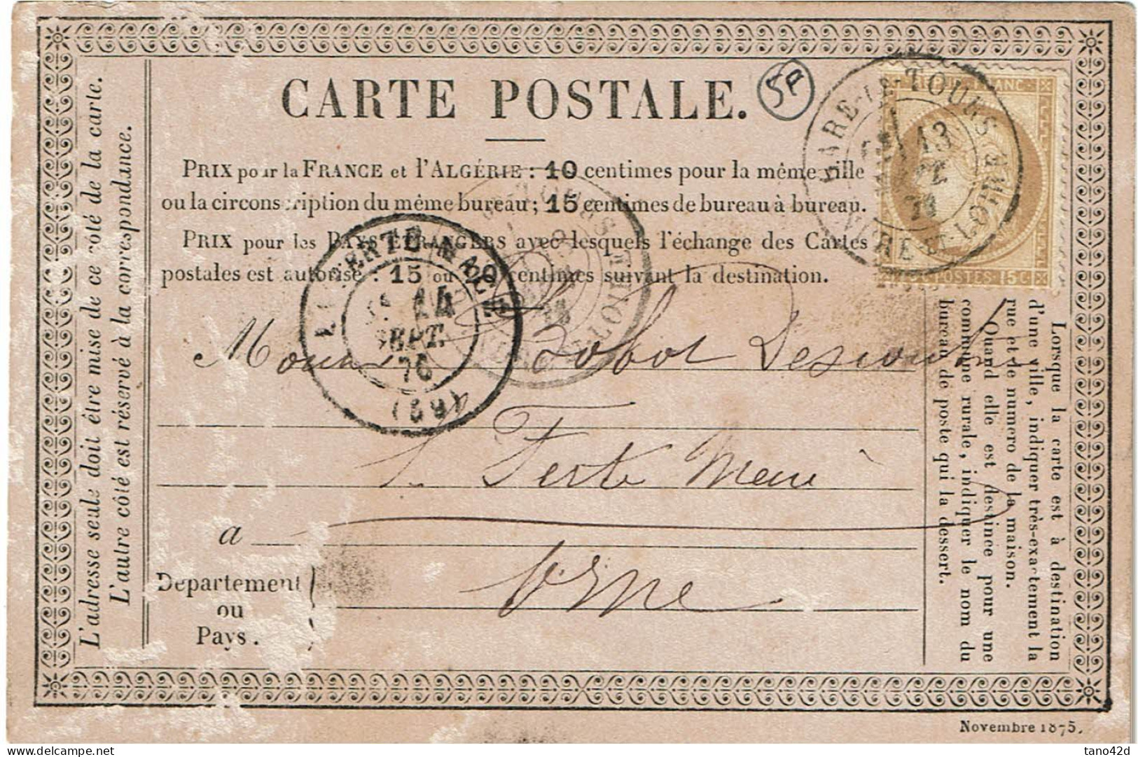 REF CTN89/2 - EP PRECURSEUR TOURS GARE / LA FERTE MACE JUILLET 1876 - Cartoline Precursori