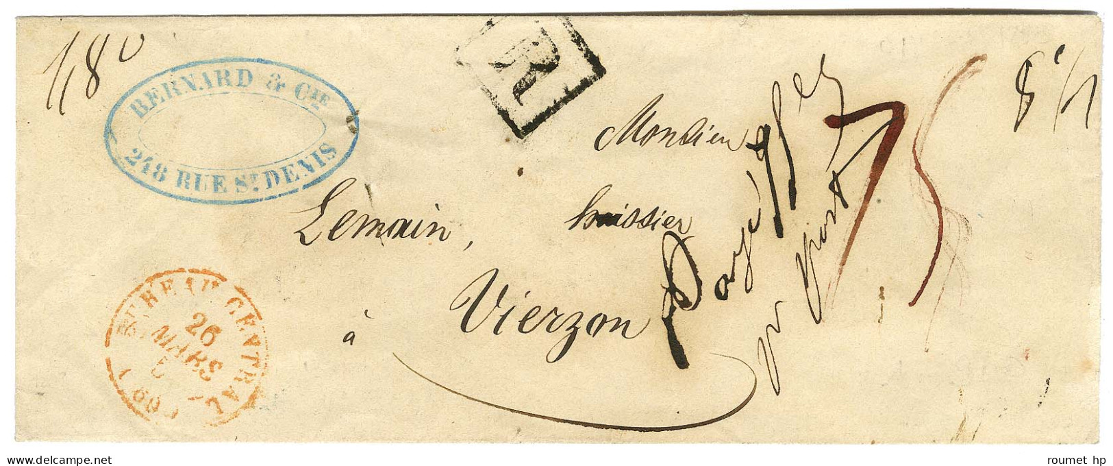 Càd Rouge BUREAU CENTRAL (60) Sur Lettre Recommandée Taxée 75 Pour Vierzon. 1853. - TB / SUP. - Sonstige & Ohne Zuordnung