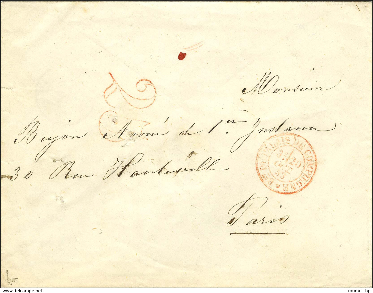 Càd Rouge Bau DU PALAIS DE COMPIEGNE / * Taxe 25 DT Rouge Sur Lettre Pour Paris. 1853. - SUP. - RR. - Other & Unclassified