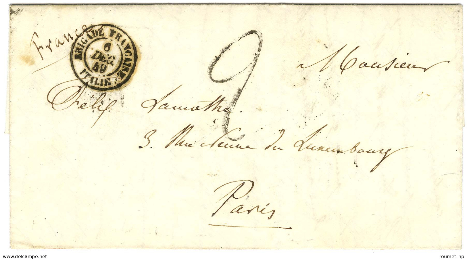 Càd BRIGADE FRANCAISE / ITALIE Taxe Tampon 2 Sur Lettre Avec Texte Daté De Zassa Le 30 Novembre 1849 Pour Paris. - SUP. - Army Postmarks (before 1900)