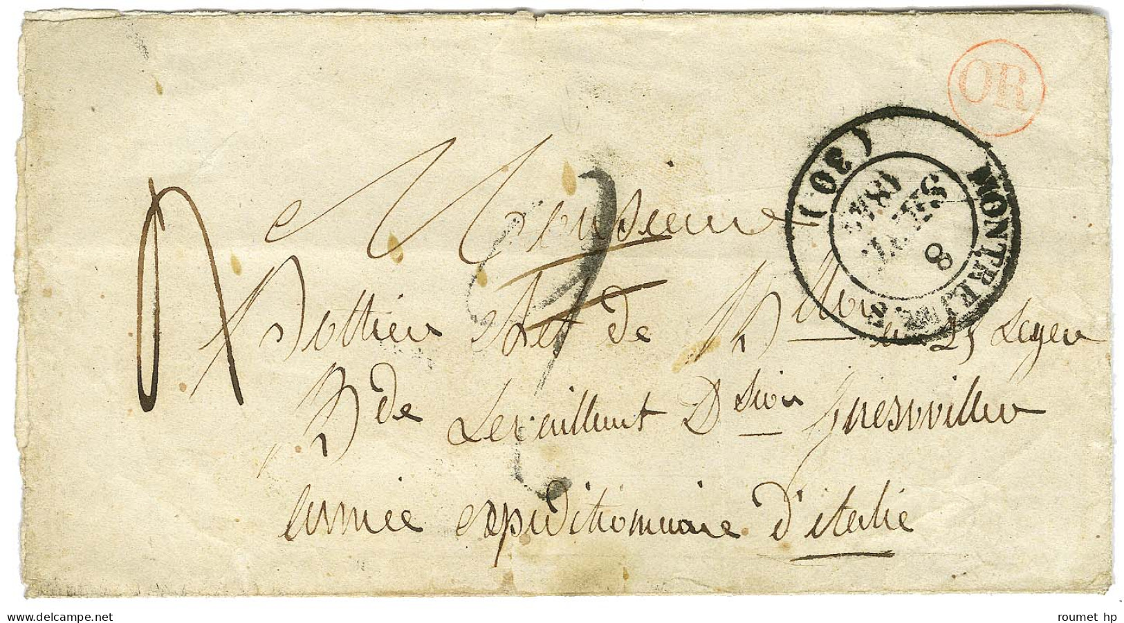 Càd T 14 MONTREJEAU (30) Taxe Tampon 2 Rectifiée 4 Sur Lettre Pour Le Corps Expéditionnaire D'Italie. Au Verso, Càd D'ar - Army Postmarks (before 1900)
