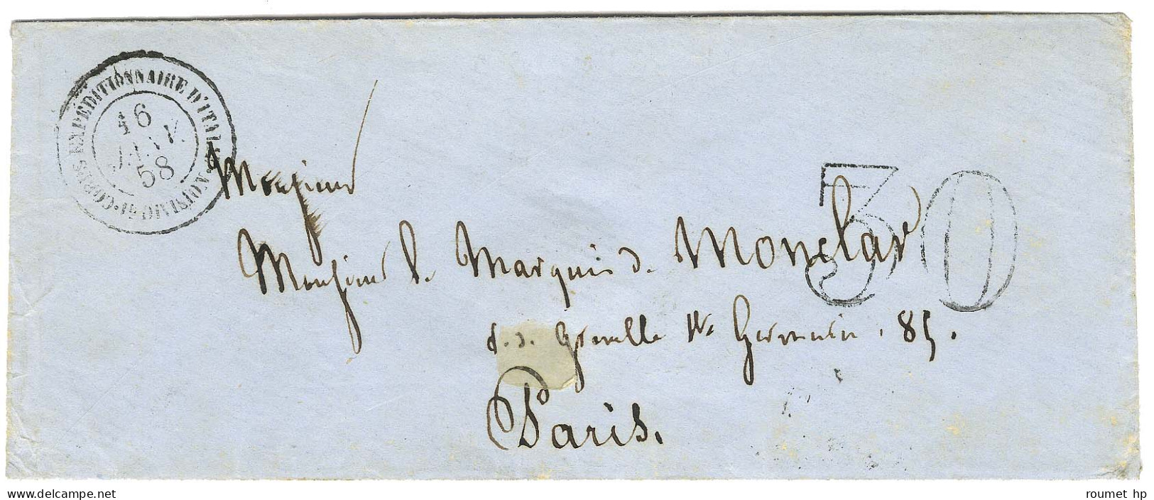 Càd CORPS EXPEDITIONNAIRE D'ITALIE / 1e DIVISION Taxe 30 DT Sur Lettre Pour Paris. 1858. - TB / SUP. - Army Postmarks (before 1900)