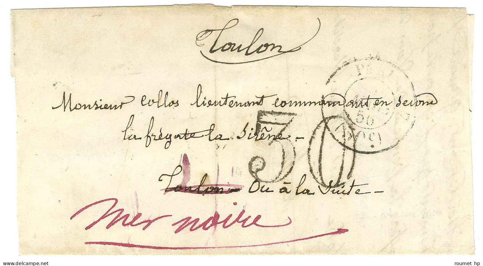 Càd Taxe PARIS (30c) Sur Lettre Adressée à Un Lieutenant Sur La Frégate La Sirène à Toulon Réexpédiée Au Tarif De Milita - Armeestempel (vor 1900)