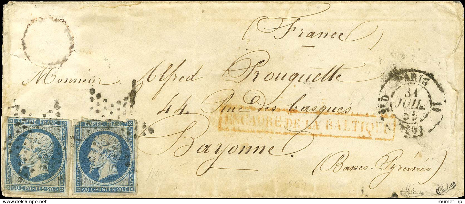 Griffe Rouge Encadrée ESCADRE DE LA BALTIQUE Sur Lettre Pour Bayonne. Au Passage à Paris, étoile / N° 14 (2 Dont 1 Ex De - Legerstempels (voor 1900)