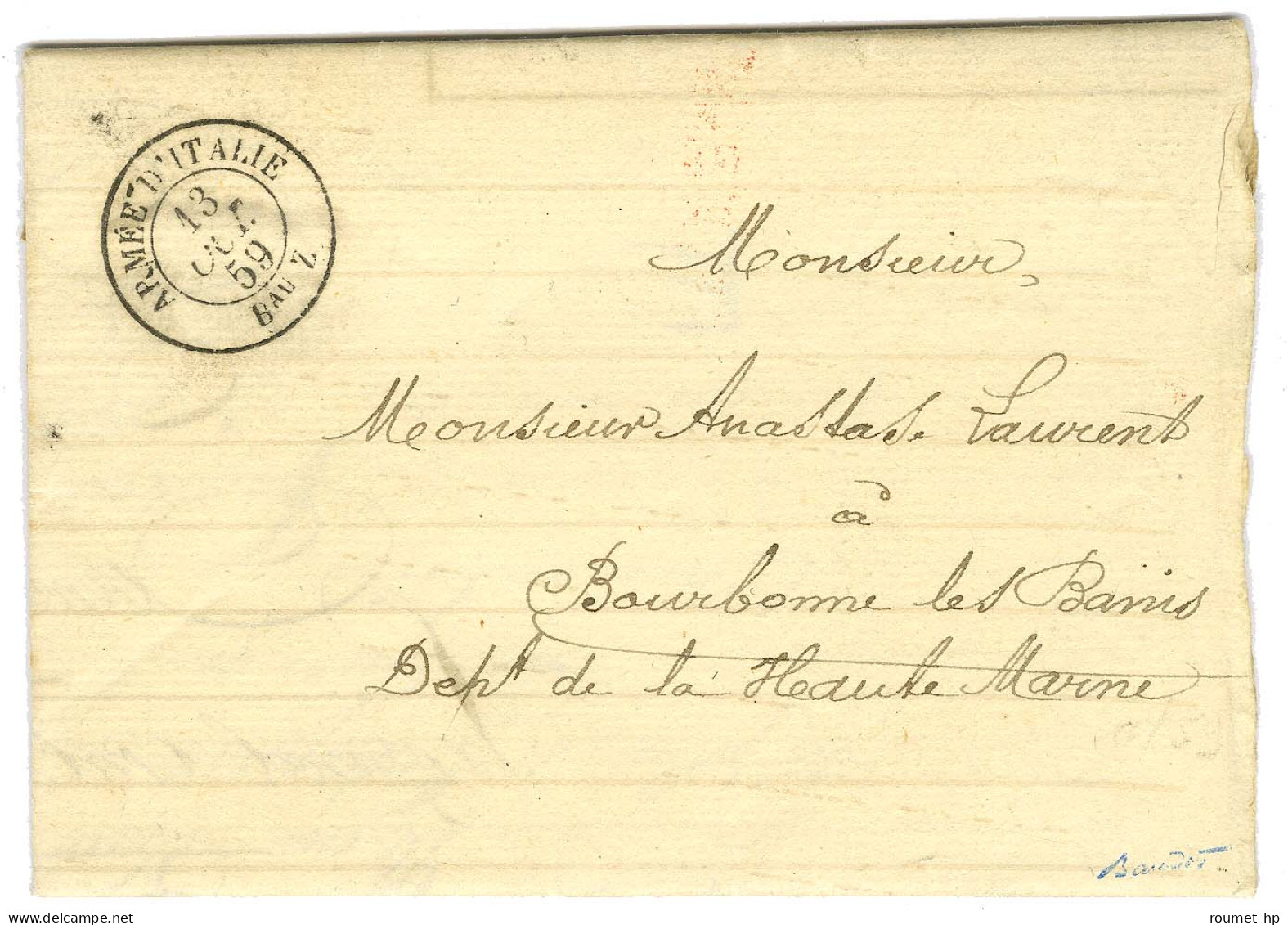 Càd ARMEE D'ITALIE / Bau Z Sur Extrait Mortuaire Daté De Lodi, Adressé En Franchise à Bourbonne Les Bains. 1859. - SUP.  - Army Postmarks (before 1900)