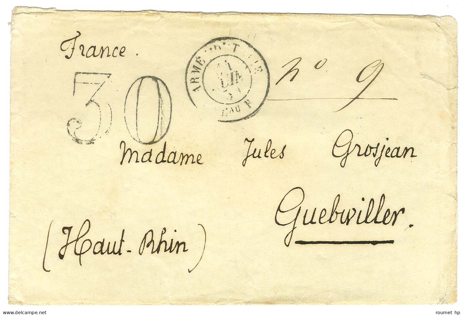 Càd ARMEE D'ITALIE / Bau F Taxe 30 DT Sur Lettre Pour Guebwiller. 1859. - TB. - Legerstempels (voor 1900)