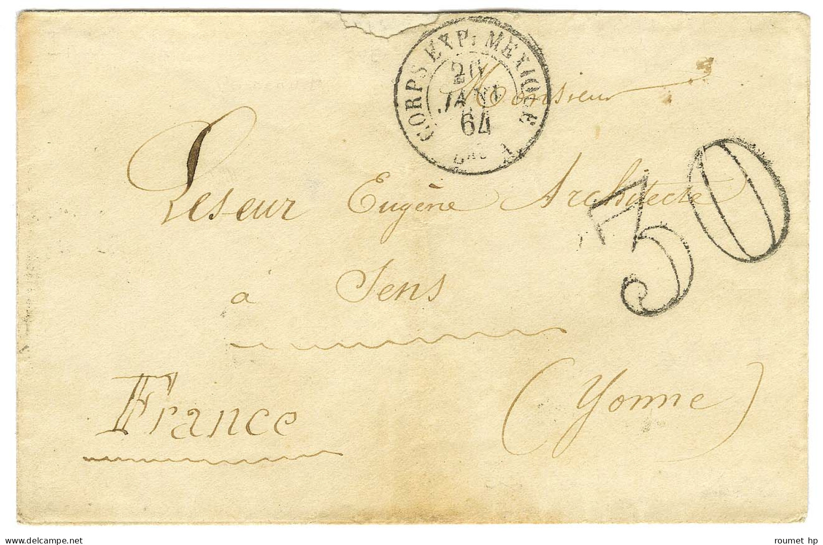 Càd CORPS EXP MEXIQUE / Bau A Taxe 30 DT Sur Lettre Pour Sens. 1864. - TB / SUP. - Armeestempel (vor 1900)