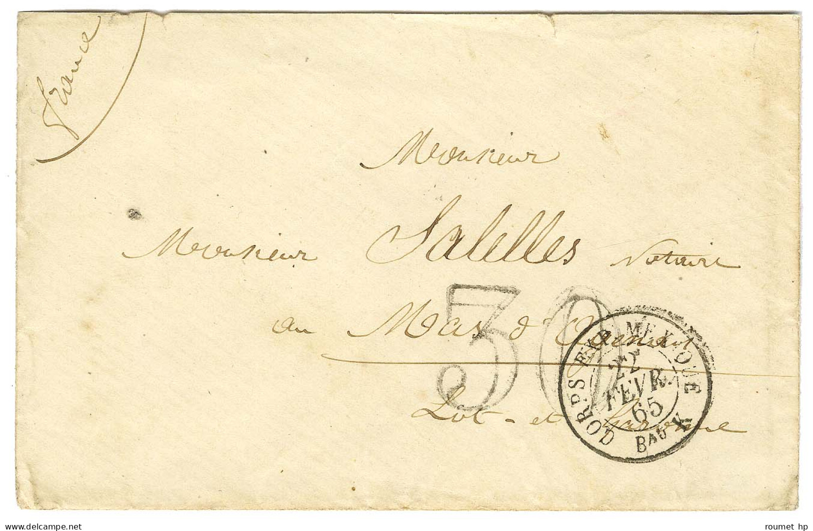 Càd CORPS EXP MEXIQUE / Bau K Taxe 30 DT Sur Lettre Pour Le Mas D'Agenais. 1865. - TB / SUP. - Legerstempels (voor 1900)