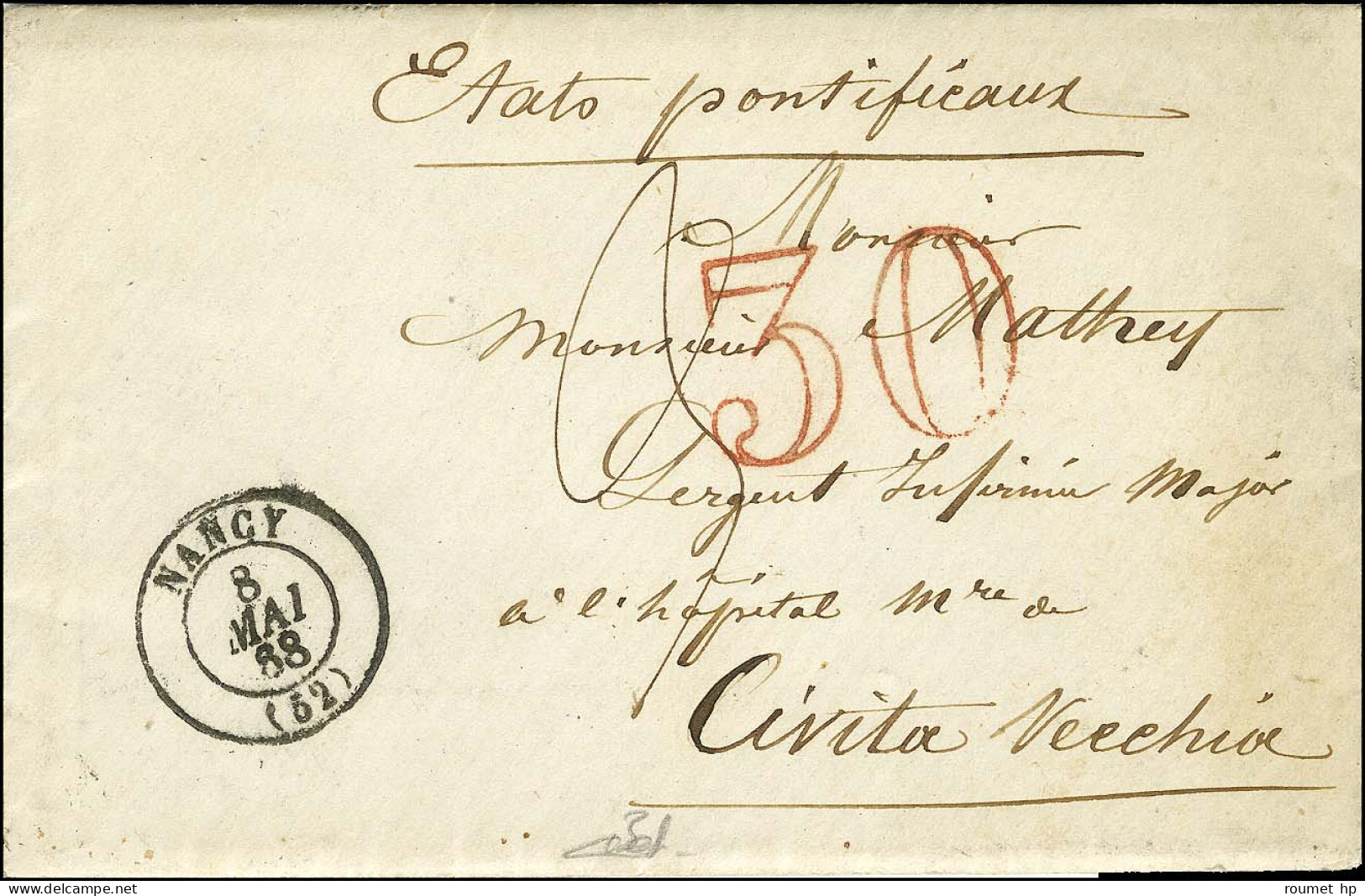 Càd T 15 NANCY (52) Taxe 30 DT Rouge Sur Lettre Avec Texte Adressé à Un Militaire De La 2e Expédition De Rome à Civitta  - Sellos De La Armada (antes De 1900)