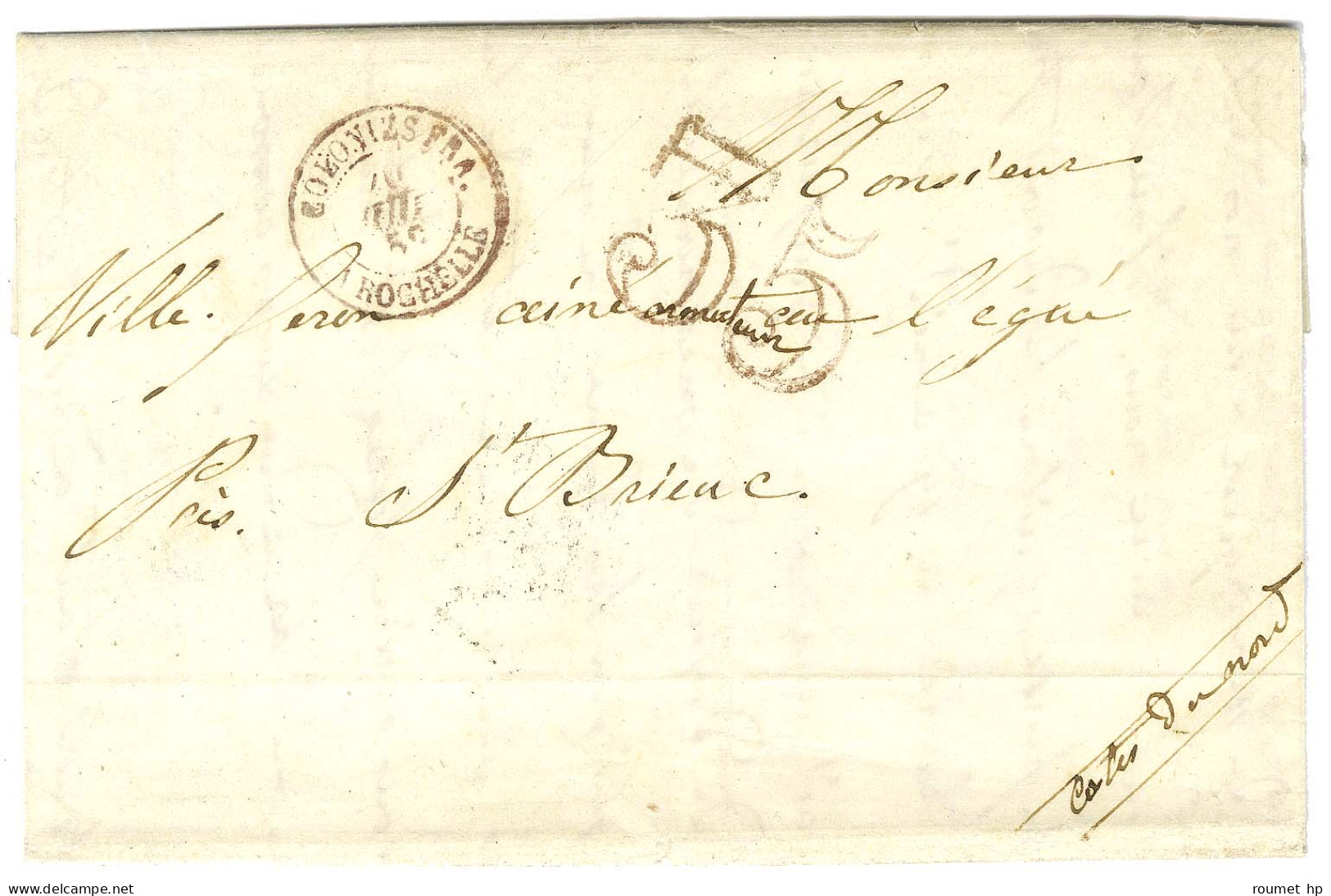 Lettre Avec Texte Daté D'un Navire Le 19 Juin 1852 Pour Saint Brieuc. Au Recto, Càd D'entrée Rouge COLONIES FRA / LA ROC - Entry Postmarks