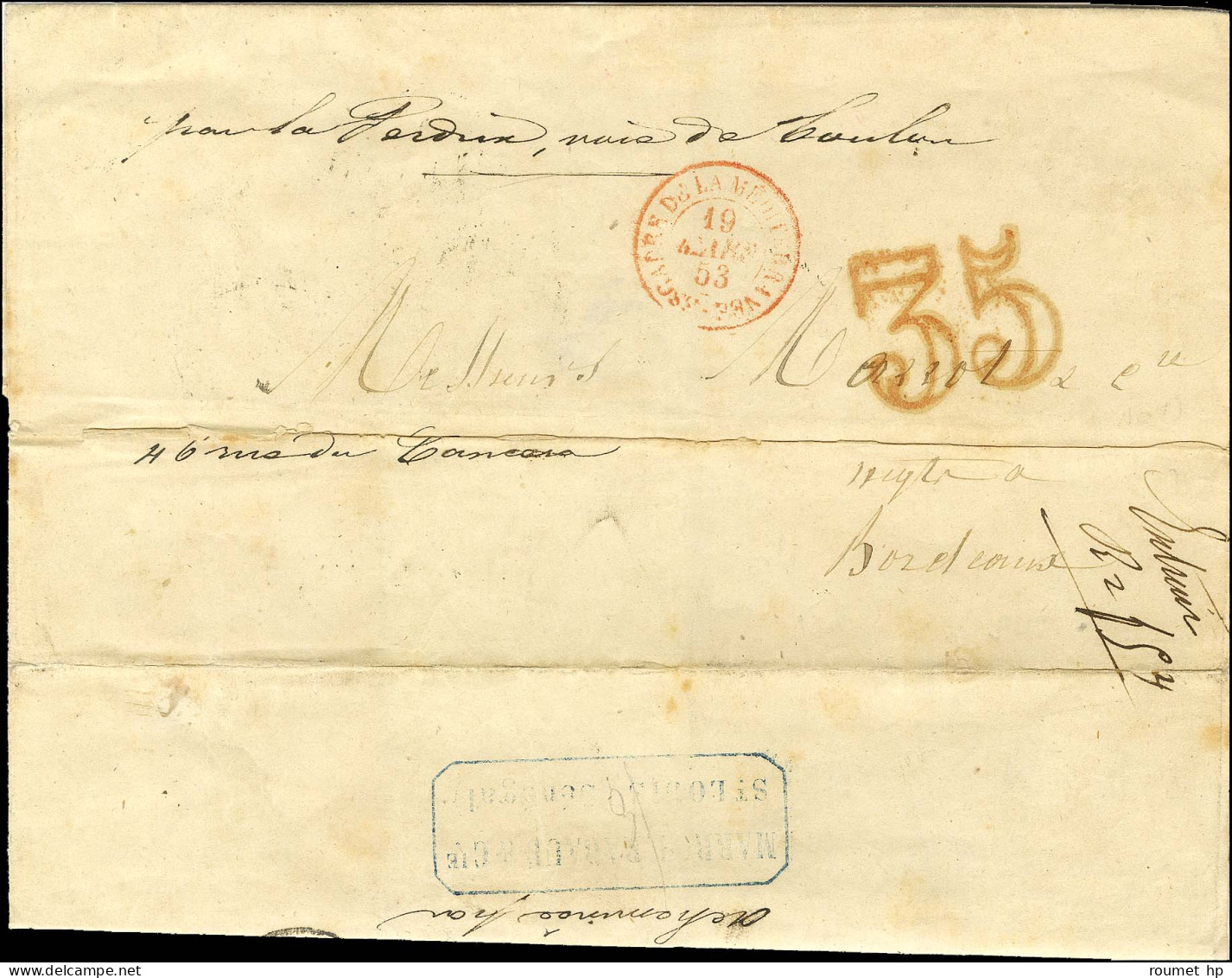 Lettre De Saint Louis Du Sénégal Datée Du 7 Février 1853 Pour Bordeaux. Au Recto, Càd D'entrée Rouge ESCADRE DE LA MEDIT - Entry Postmarks