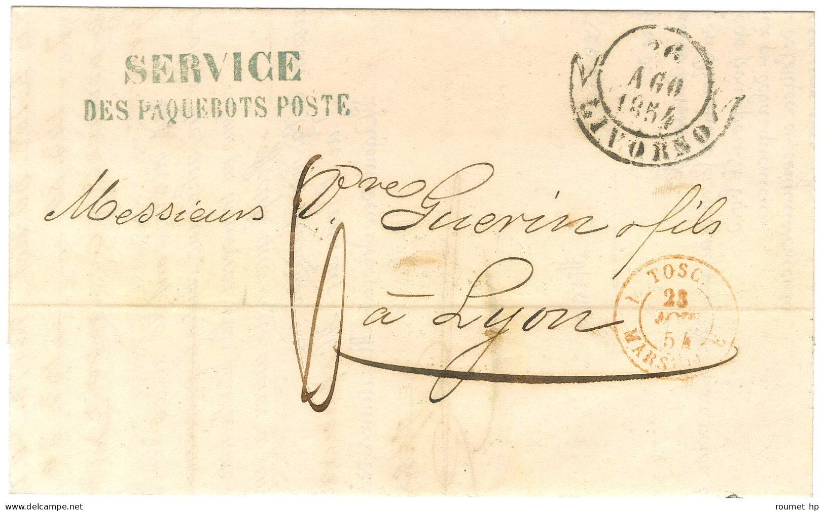 Lettre Avec Texte Daté De Livourne Le 26 Août 1854 Pour Lyon. Au Recto, Griffe Bleue SERVICE / DES PAQUEBOTS POSTE, Taxe - Maritieme Post