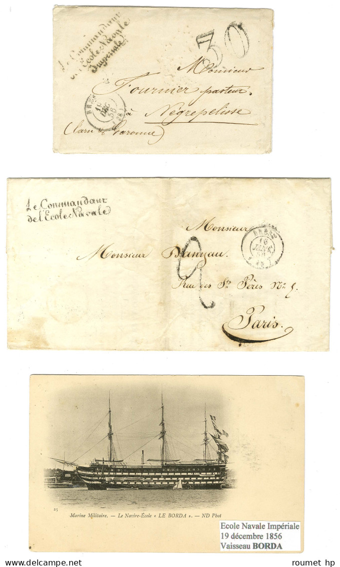 Lot De 2 Lettres Avec Càd T 15 BREST Et En-tête Du Commandant De L'Ecole Navale + 1 Carte Postale Du Navire école Le Bor - Maritieme Post