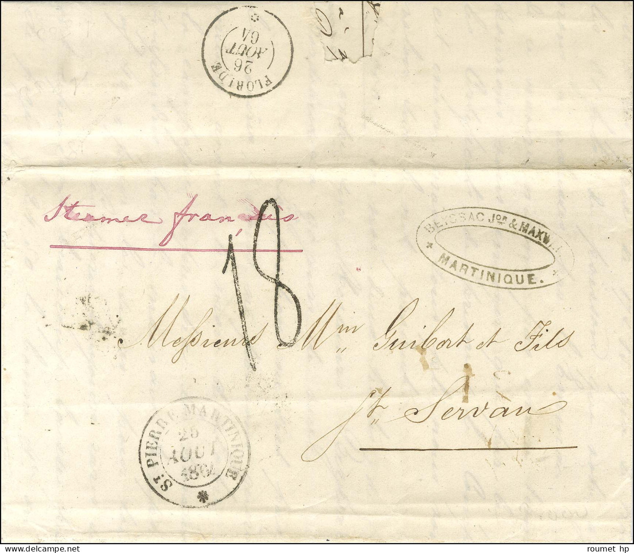 Càd ST PIERRE MARTINIQUE / * 25 AOUT 1864, Taxe Tampon 18 Sur Lettre Avec Texte Daté De Saint Pierre Pour Saint Servan.  - Maritieme Post