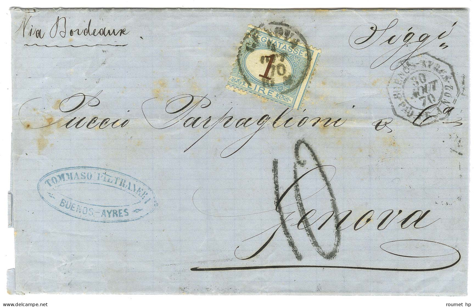 Càd Octo BUENOS AYRES / PAQ. FR J N° 2 30 AOUT 70, Taxe Tampon 10 Sur Lettre Avec Texte De Buenos Ayres Pour Gênes. A L' - Maritieme Post