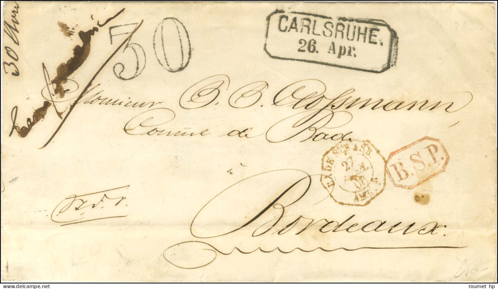 Lettre De Carlsruhe Pour Bordeaux En Franchise Jusqu'à La Frontière Et Taxe 30 DT Pour Le Port Territorial Français. 186 - Sonstige & Ohne Zuordnung