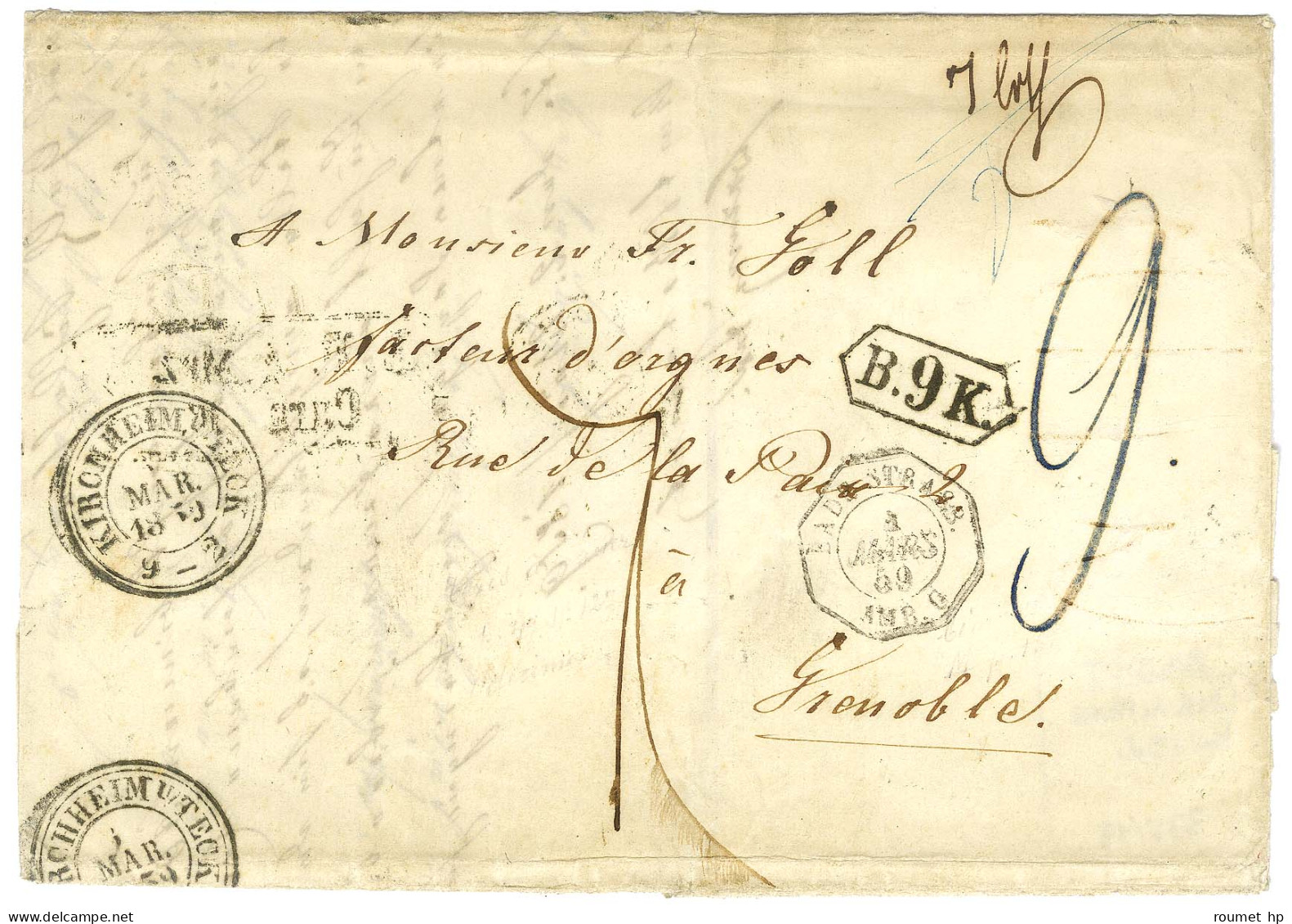 Lettre Non Affranchie Du Grand-duché De Bade Pour Grenoble. Càd D'entrée Octo BADE STRASB. / AMB. G, Griffe Encadrée B.9 - Other & Unclassified