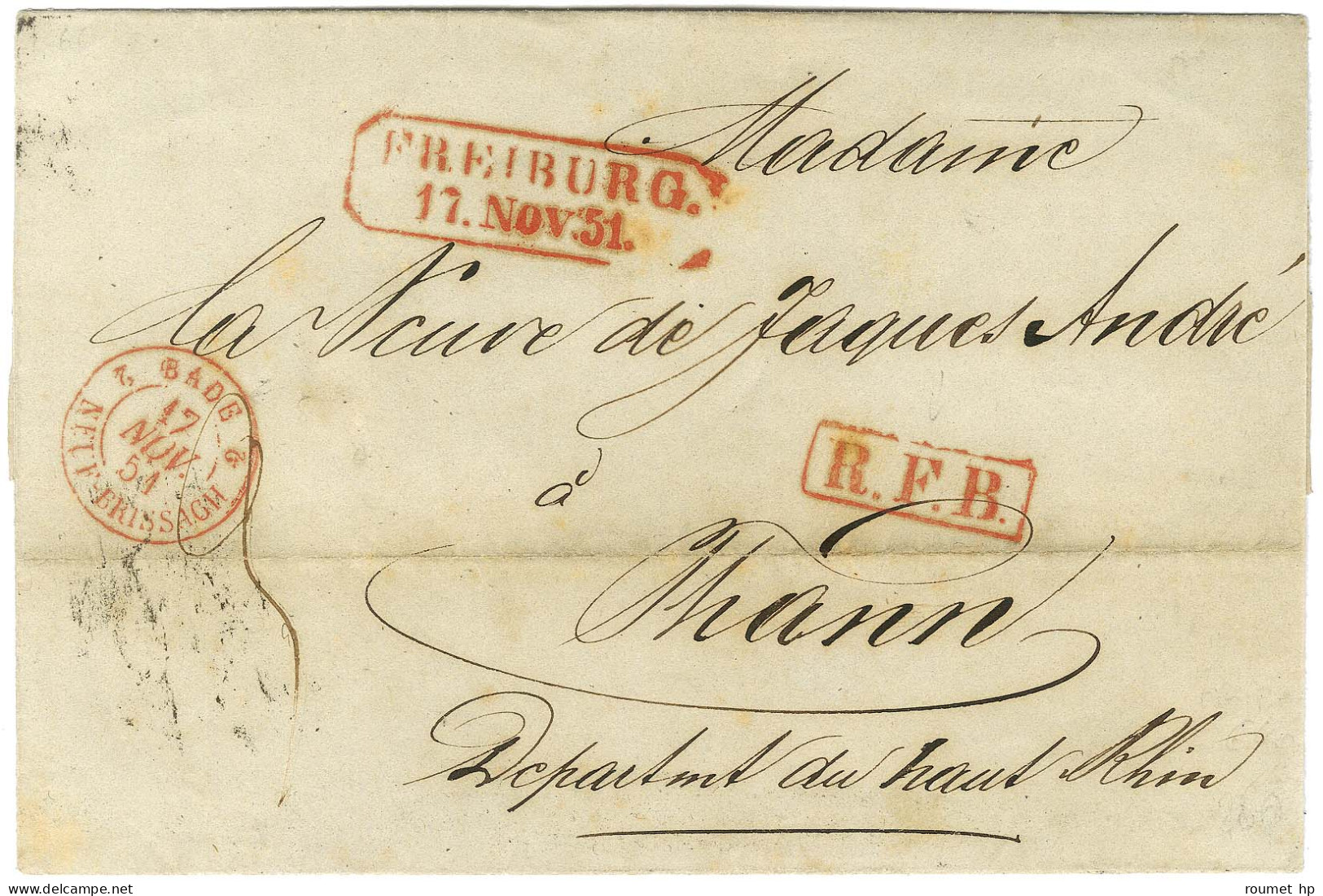 Càd Encadré Rouge FREIBURG Sur Lettre Frontalière Pour Thann. Au Recto, Càd Rouge D'entrée 2 BADE 2 / NEUF-BRISSACH Et G - Otros & Sin Clasificación