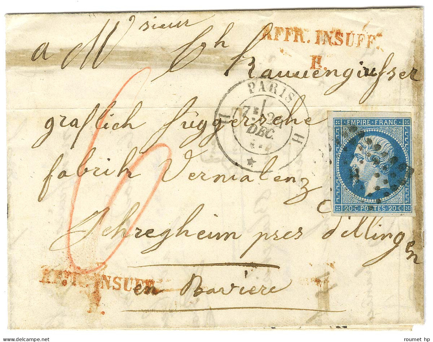 Losange H / N° 14 Càd H PARIS H / * Sur Lettre Insuffisamment Affranchie Pour Dillingen. Au Recto, Griffe Rouge AFRR.INS - Otros & Sin Clasificación